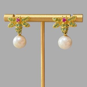 Gold Filled Sterling Silver Genuine Peridot Ruby Freshwater Pearl Bee Earrings